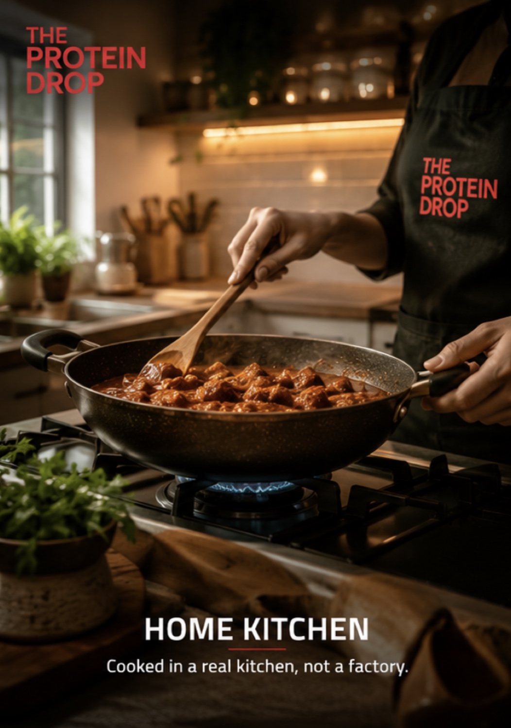 Home kitchen cooking with The Protein Drop apron