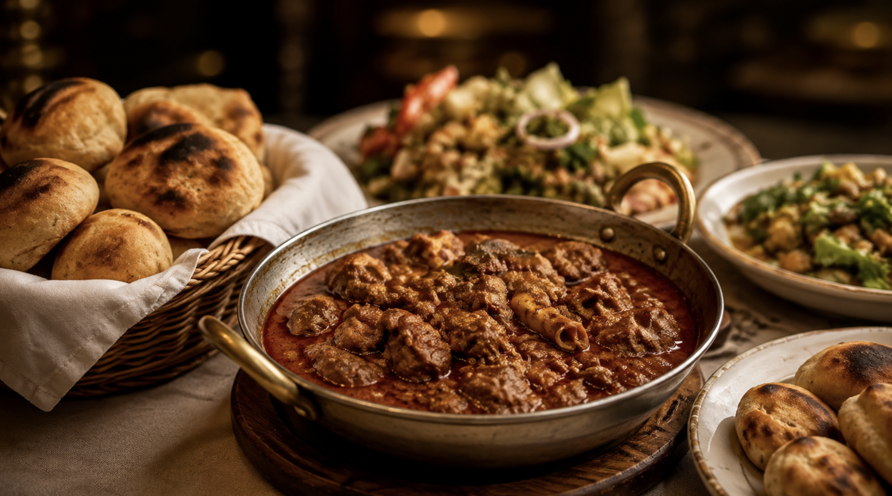 The Protein Drop food spread with curry, breads, and salads