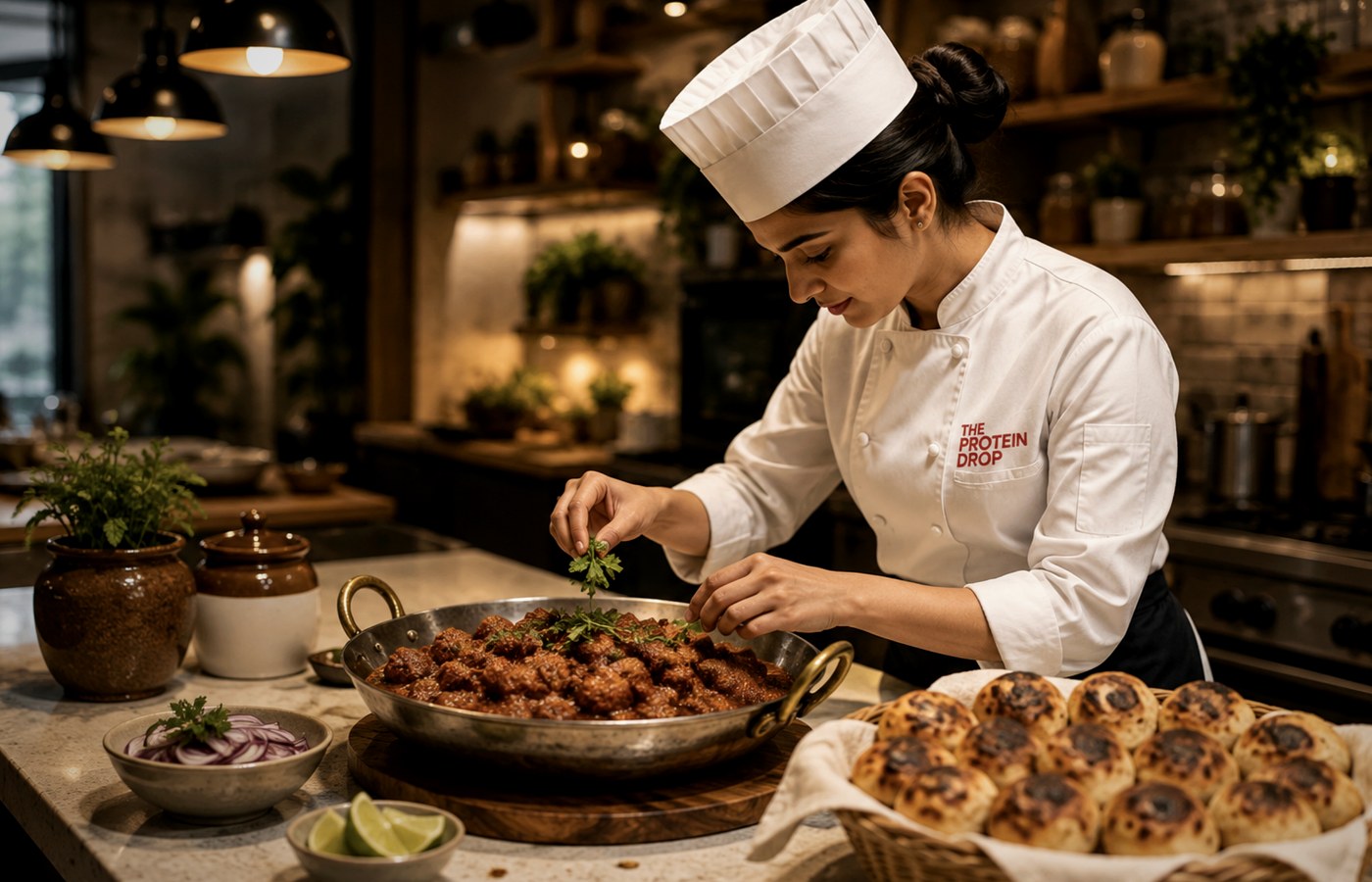 Chef preparing a warm party spread in The Protein Drop kitchen